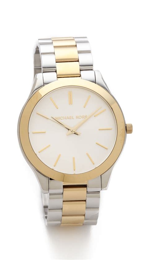 michael kors mini slim runway gold tone three hand watch|Michael Kors runway watch silver.